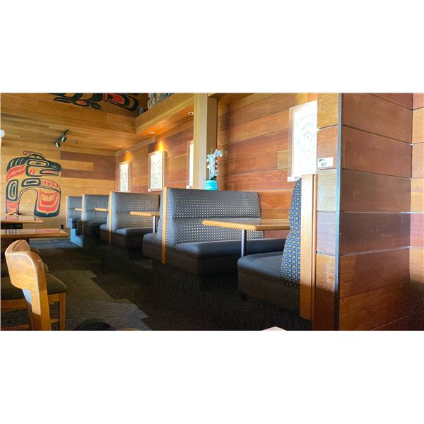 ROW OF MOUNTED RESTAURANT BOOTHS SEATING  VARIOUS SIZES OF  BENCHES AND TABLES