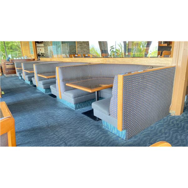 ROW OF MOUNTED HALF MOON RESTAURANT  BOOTH SEATING    BENCHES AND TABLES