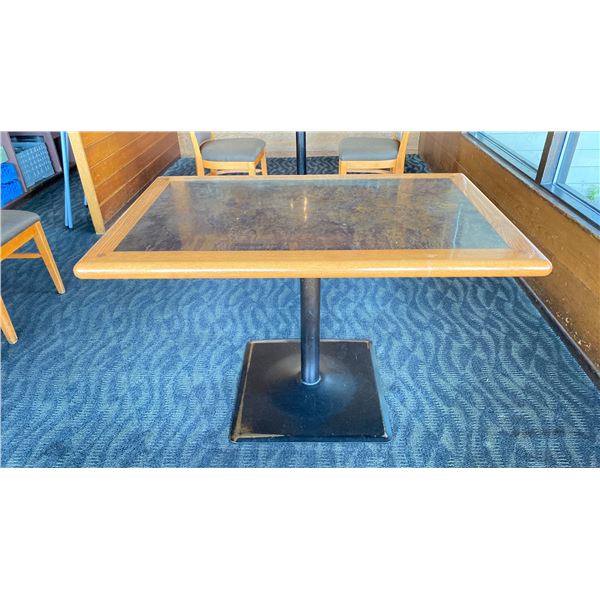 OAK TABLE WITH TWO TONE TOP BLACK  METAL PEDESTAL APPROX 45" L X 28" W X 29"H