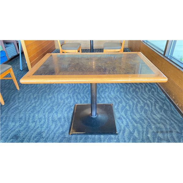 OAK TABLE WITH TWO TONE TOP BLACK  METAL PEDESTAL APPROX 45" L X 28" W X 29"H