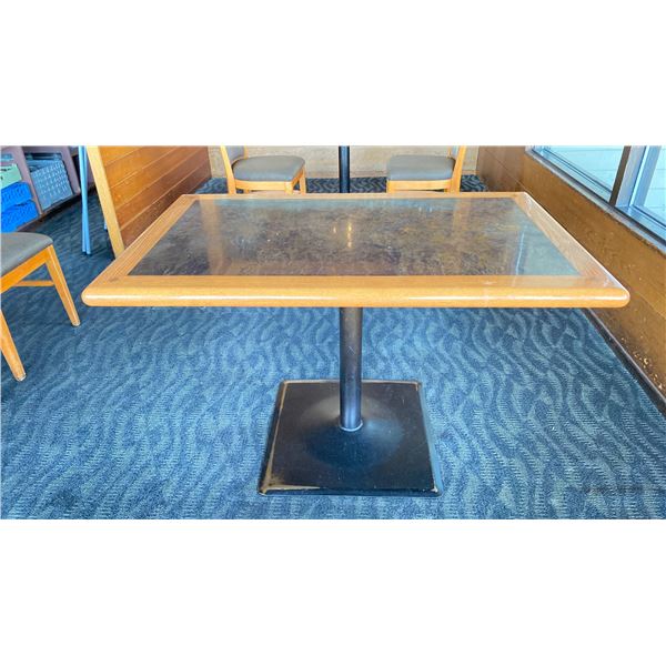 OAK TABLE WITH TWO TONE TOP BLACK  METAL PEDESTAL APPROX 45" L X 28" W X 29"H