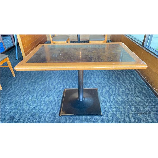 OAK TABLE WITH TWO TONE TOP BLACK  METAL PEDESTAL APPROX 45" L X 28" W X 29"H