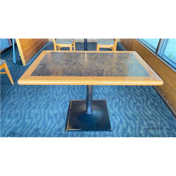OAK TABLE WITH TWO TONE TOP BLACK  METAL PEDESTAL APPROX 45" L X 28" W X 29"H