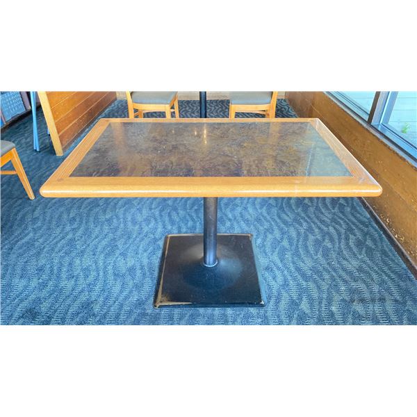 OAK TABLE WITH TWO TONE TOP BLACK  METAL PEDESTAL APPROX 45" L X 28" W X 29"H