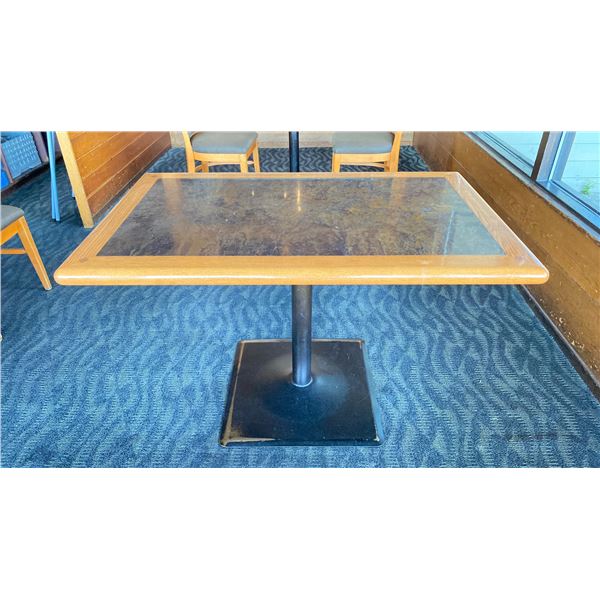 OAK TABLE WITH TWO TONE TOP BLACK  METAL PEDESTAL APPROX 45" L X 28" W X 29"H