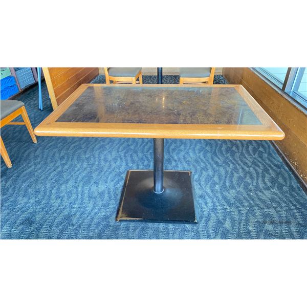 OAK TABLE WITH TWO TONE TOP BLACK  METAL PEDESTAL APPROX 45" L X 28" W X 29"H
