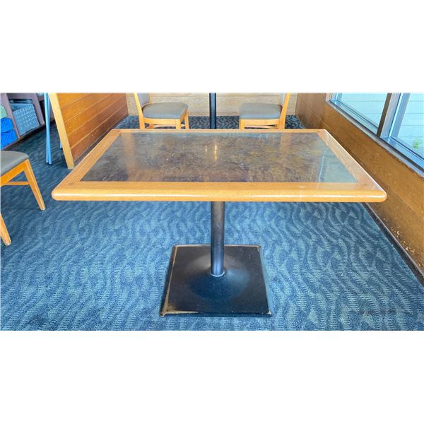 OAK TABLE WITH TWO TONE TOP BLACK  METAL PEDESTAL APPROX 45" L X 28" W X 29"H
