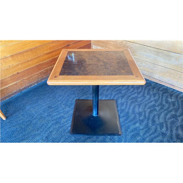 OAK TWO TONE TABLE WITH BLACK METAL PEDESTALS APPROX 28" L X 24" W X 29 " H