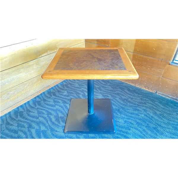 OAK TWO TONE TABLE WITH BLACK METAL PEDESTALS APPROX 28" L X 24" W X 29 " H