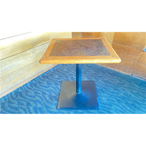 OAK TWO TONE TABLE WITH BLACK METAL PEDESTALS APPROX 28" L X 24" W X 29 " H