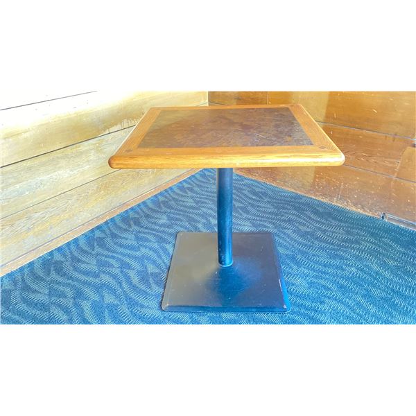 OAK TWO TONE TABLE WITH BLACK METAL PEDESTALS APPROX 28" L X 24" W X 29 " H