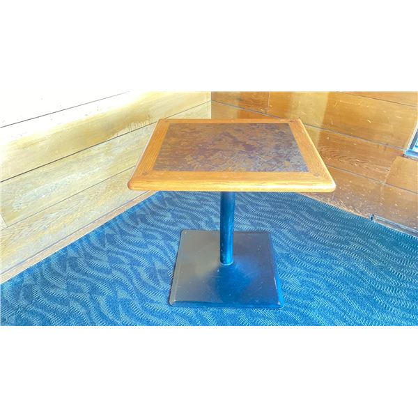 OAK TWO TONE TABLE WITH BLACK METAL PEDESTALS APPROX 28" L X 24" W X 29 " H