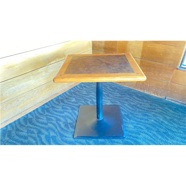 OAK TWO TONE TABLE WITH BLACK METAL PEDESTALS APPROX 28" L X 24" W X 29 " H