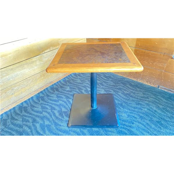 OAK TWO TONE TABLE WITH BLACK METAL PEDESTALS APPROX 28" L X 24" W X 29 " H
