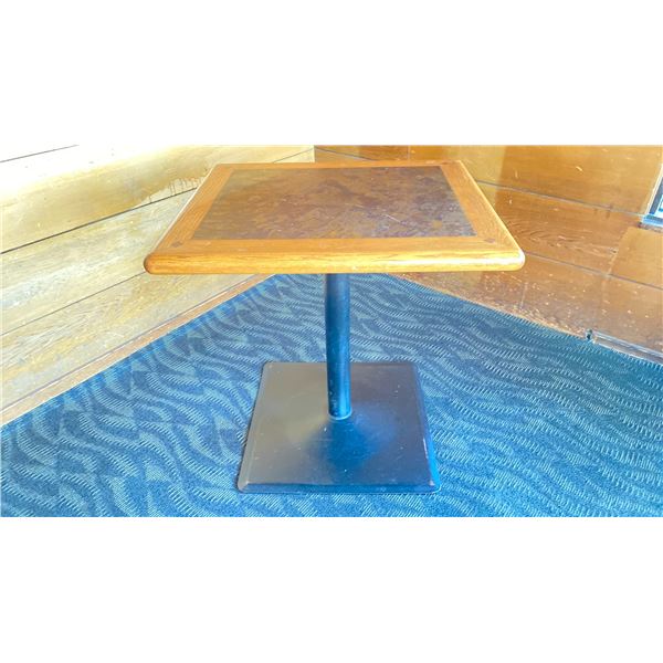 OAK TWO TONE TABLE WITH BLACK METAL PEDESTALS APPROX 28" L X 24" W X 29 " H