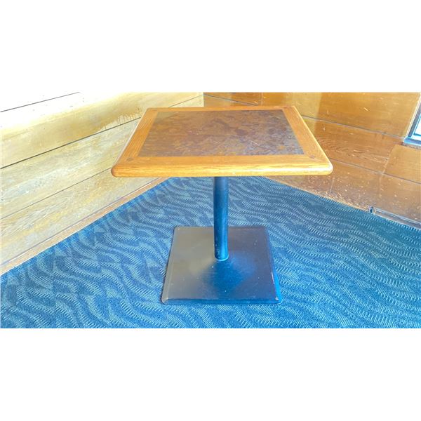 OAK TWO TONE TABLE WITH BLACK METAL PEDESTALS APPROX 28" L X 24" W X 29 " H