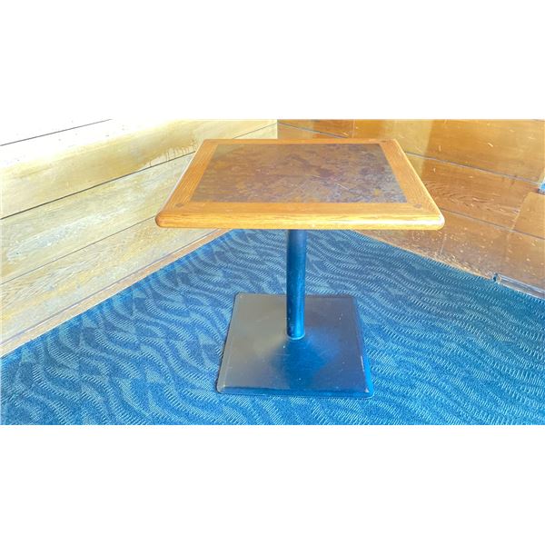 OAK TWO TONE TABLE WITH BLACK METAL PEDESTALS APPROX 28" L X 24" W X 29 " H