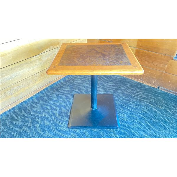 OAK TWO TONE TABLE WITH BLACK METAL PEDESTALS APPROX 28" L X 24" W X 29 " H