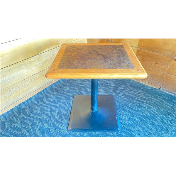OAK TWO TONE TABLE WITH BLACK METAL PEDESTALS APPROX 28" L X 24" W X 29 " H