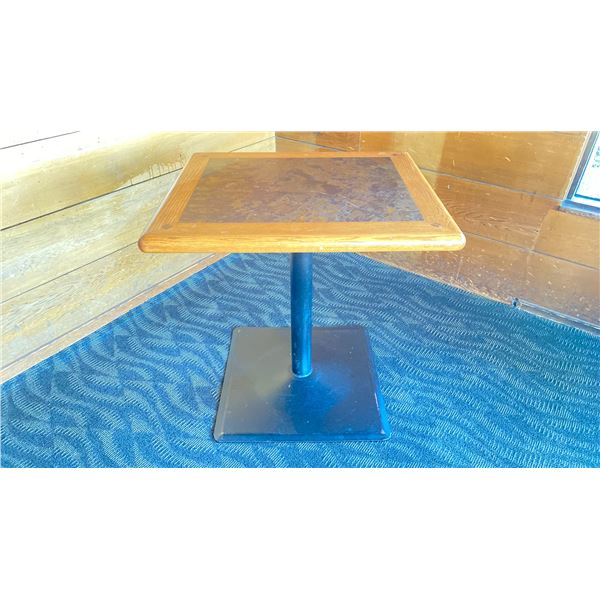 OAK TWO TONE TABLE WITH BLACK METAL PEDESTALS APPROX 28" L X 24" W X 29 " H