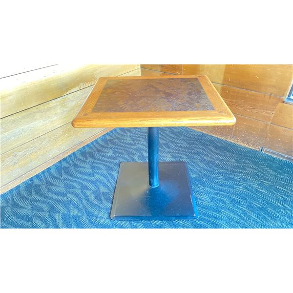 OAK TWO TONE TABLE WITH BLACK METAL PEDESTALS APPROX 28" L X 24" W X 29 " H