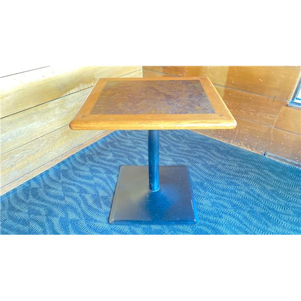 OAK TWO TONE TABLE WITH BLACK METAL PEDESTALS APPROX 28" L X 24" W X 29 " H
