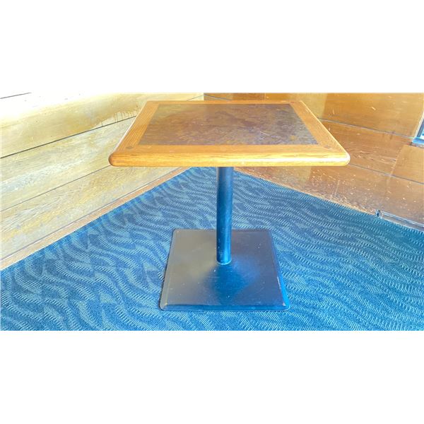 OAK TWO TONE TABLE WITH BLACK METAL PEDESTALS APPROX 28" L X 24" W X 29 " H