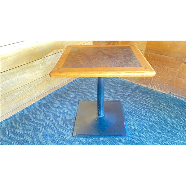 OAK TWO TONE TABLE WITH BLACK METAL PEDESTALS APPROX 28" L X 24" W X 29 " H