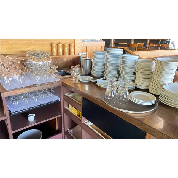 CONTENTS OF SERVER STATION / GLASSWARE, CERAMIC PLATES CUPS AND MORE