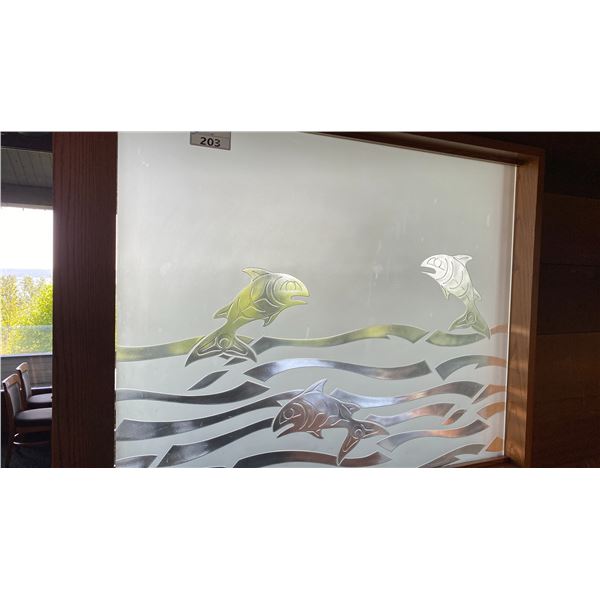 GROUP OF 3 MOUNTED AND SECURED  ETCHED AND CARVED GLASS WITH SALMON MOTIF ALL DIFFERENT SIZES