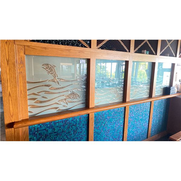 GROUP OF 4  MOUNTED AND SECURE ETCHED AND CARVED GLASS WITH SALMON MOTIF APPROX 32"L X 30 " W