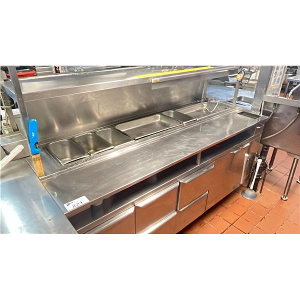 STAINLESS STEEL 7 DRAWER 2 DOOR COOLER PREP TABLE WITH METAL SHELVING ABOVE AND GLO RAY FOOD WARMER