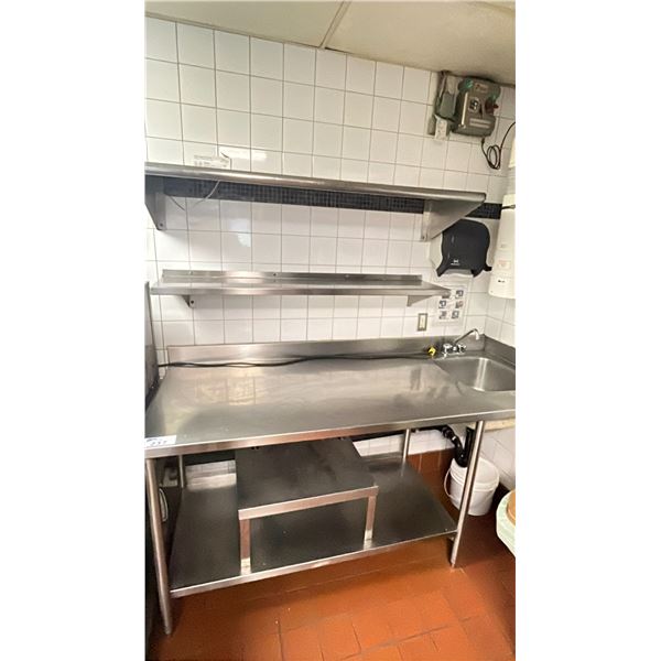 QUEST COMMERCIAL STAINLESS STEEL PRED TABLE WITH SINK AND 2 WALL MOUNT SHELVES