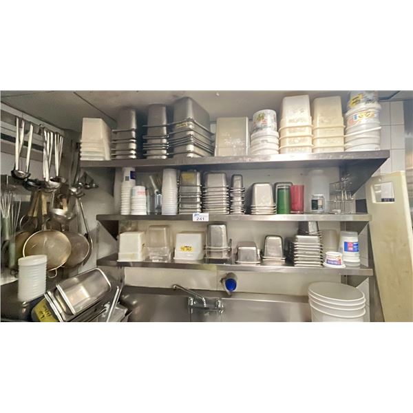 (4) STAINLESS STEEL WALL MOUNT SHELVES AND CONTENTS - FOOD PREP CONTAINERS, LADLES. WHISKS, TONGS