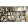 Image 1 : (4) STAINLESS STEEL WALL MOUNT SHELVES AND CONTENTS - FOOD PREP CONTAINERS, LADLES. WHISKS, TONGS