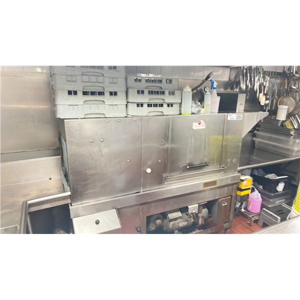 HOBART COMMERCIAL DISHWASHER WITH SURROUNDING STAINLESS STEEL WASH STATION -