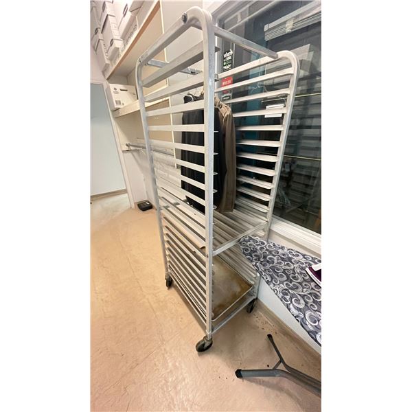 BAKER RACK, IRONING BOARD, BLACK & DECKER IRON, PLASTIC BIN OF WASH TOWELS
