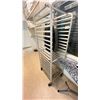 Image 1 : BAKER RACK, IRONING BOARD, BLACK & DECKER IRON, PLASTIC BIN OF WASH TOWELS