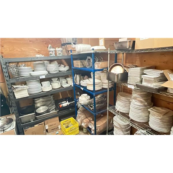 CONTENTS OF ROOM WITH 3 METAL SHELVING RACKS WITH MISC RESTAURANT EQUIPMENT, DISHWARE, KITCHEN WARE