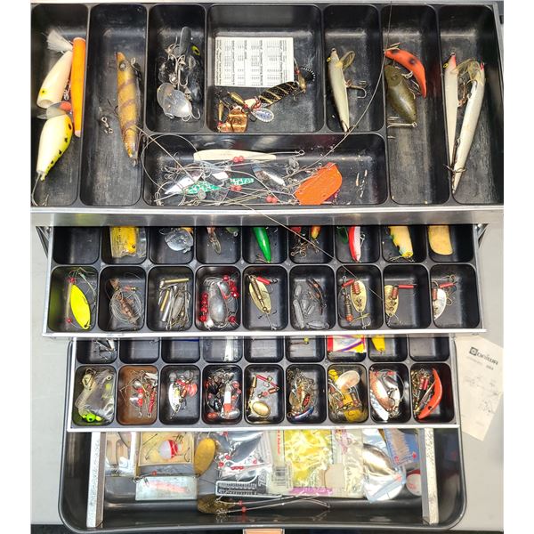 Loaded Fishing Tackle Box - Various Items in 3 tier USA Made Metal Box