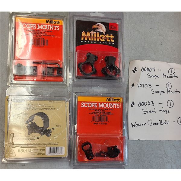 Millett Turn-In Scope Rings 1 inch & Bases as shown - 4 pc Lot - NEW