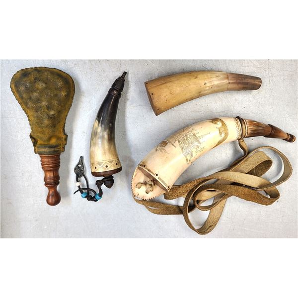 Powder Horn & Shot Pouch Lot - Real Horn - One Engraved