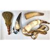 Image 1 : Powder Horn & Shot Pouch Lot - Real Horn - One Engraved