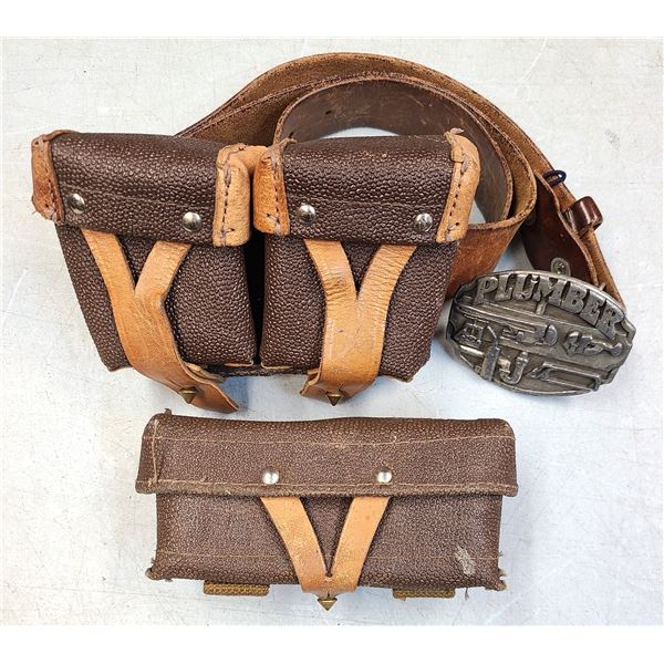 Plumber Buckle on Leather Belt c/w 3 Russian Ammo Pouches