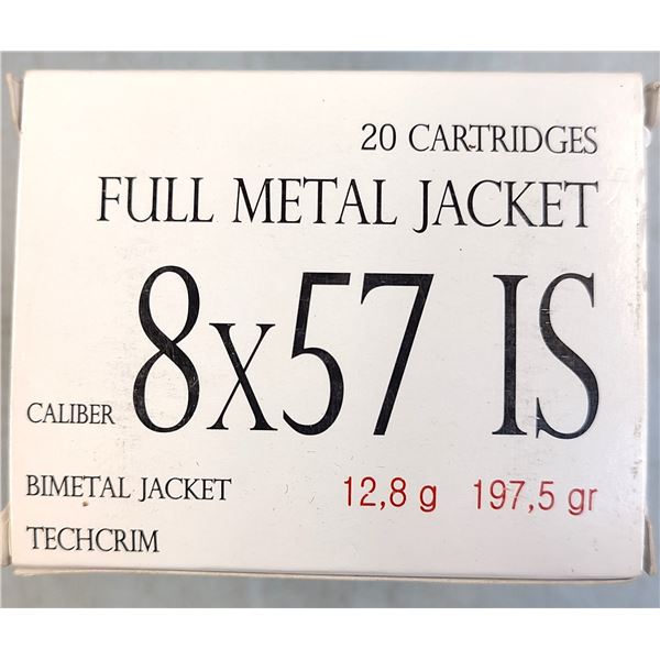 8 x 57 IS 8mm Mauser - 197.5 gr FMJ Ammo - Bimetal Case - 20 rds