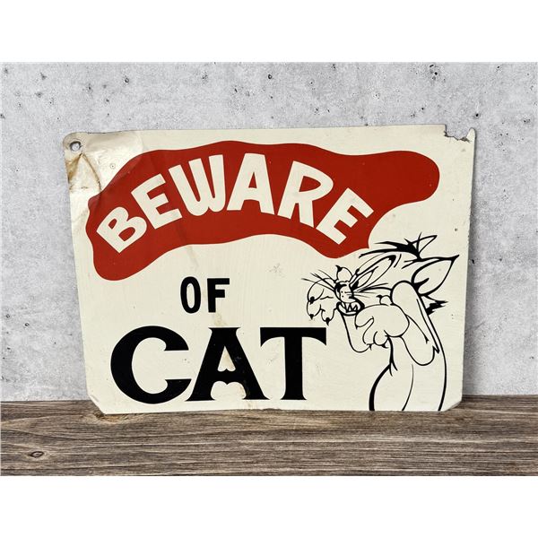 Vintage Painted Beware Of Cat Folk Art Metal Sign