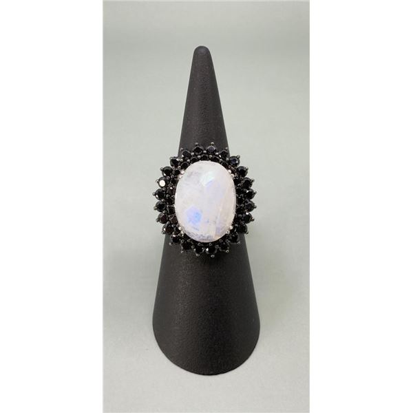 Rainbow Moonstone Black Spinel Sterling Ring