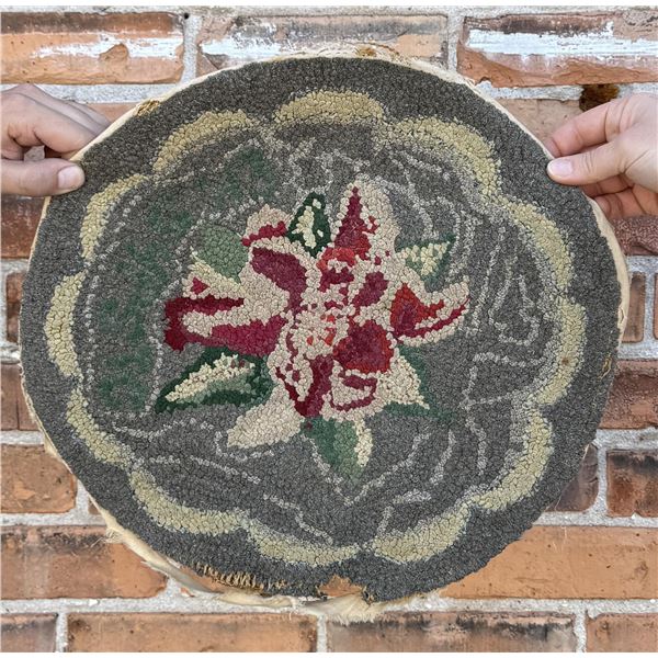 Antique Primitive Flower Hooked Rug