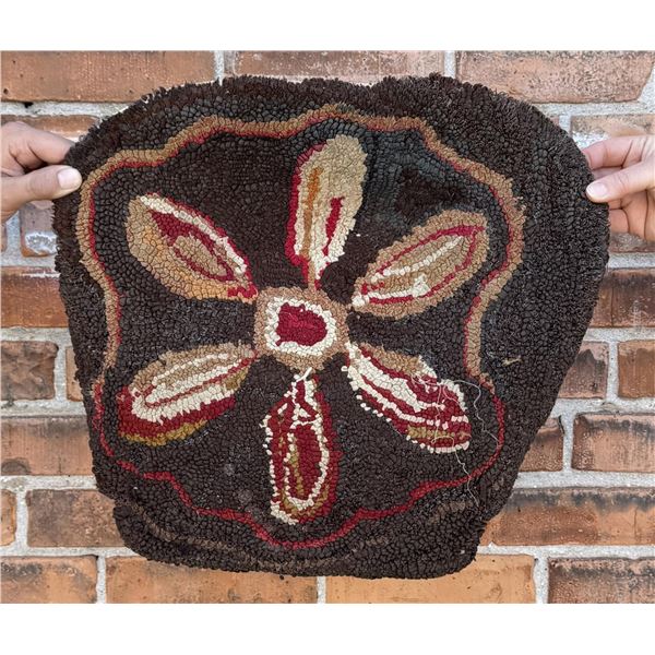 Antique Primitive Abstract Flower Hooked Rug