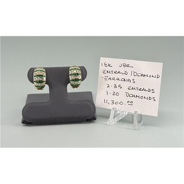 18K Gold Channel Set Diamond & Emerald Earrings